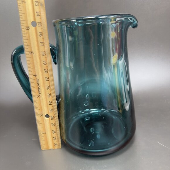 Mid Century Teal Green Art Glass Pitcher Jug Carafe Hand Blown Glassware Vintage - Picture 2 of 11